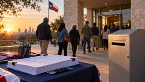 Illustration of adult voters entering a Texas polling place at sunrise beside voter-registration forms and a ballot box.