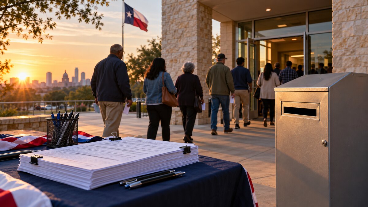 Illustration of adult voters entering a Texas polling place at sunrise beside voter-registration forms and a ballot box.