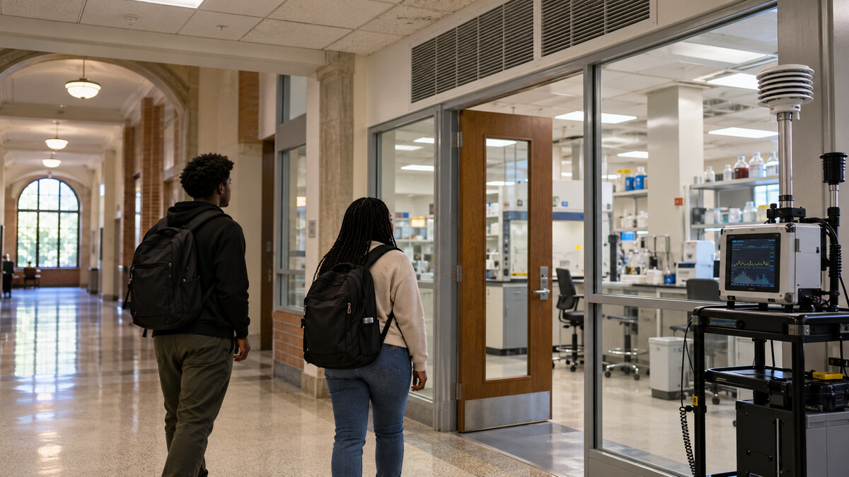 Illustrative image of two Black college students entering a university science laboratory beside an indoor air-quality monitor.
