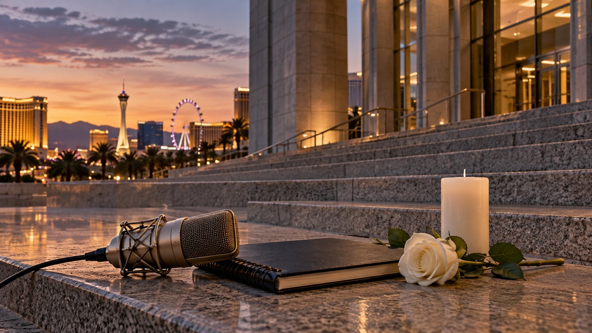 Illustrative image of a vintage microphone, music notebook, white rose and memorial candle outside a Las Vegas courthouse at dusk, representing the sentencing in Tupac Shakur’s murder case.