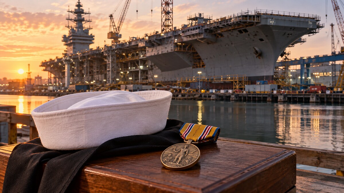 Illustrative image of a vintage Navy sailor cap and service medal displayed before an aircraft carrier under construction at sunrise.
