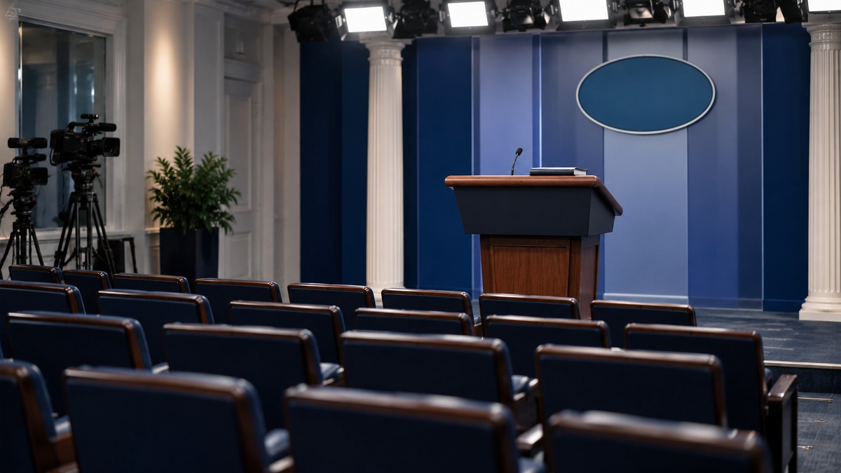 Illustration of an empty government press briefing room with a vacant lectern and rows of chairs.